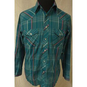 Wrangler Cowboy Cut Regular Fit Mens 16x34Teal Plaid Pearl Snap Western Shirt